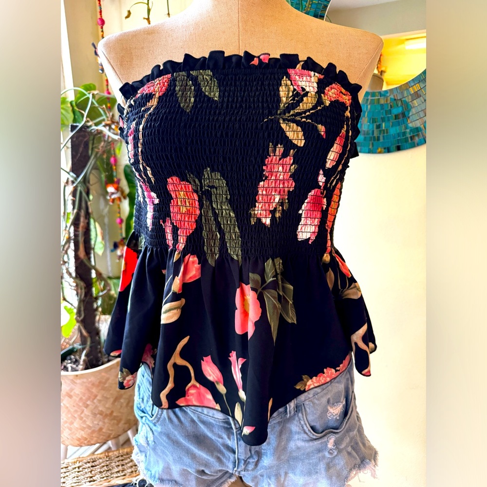 Black floral rouched strapless